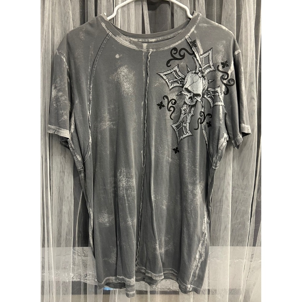 Affliction Live Fast Mens Gray Skull Cross Graphic T-Shirt Acid Wash Size L. 52 - Picture 2 of 5